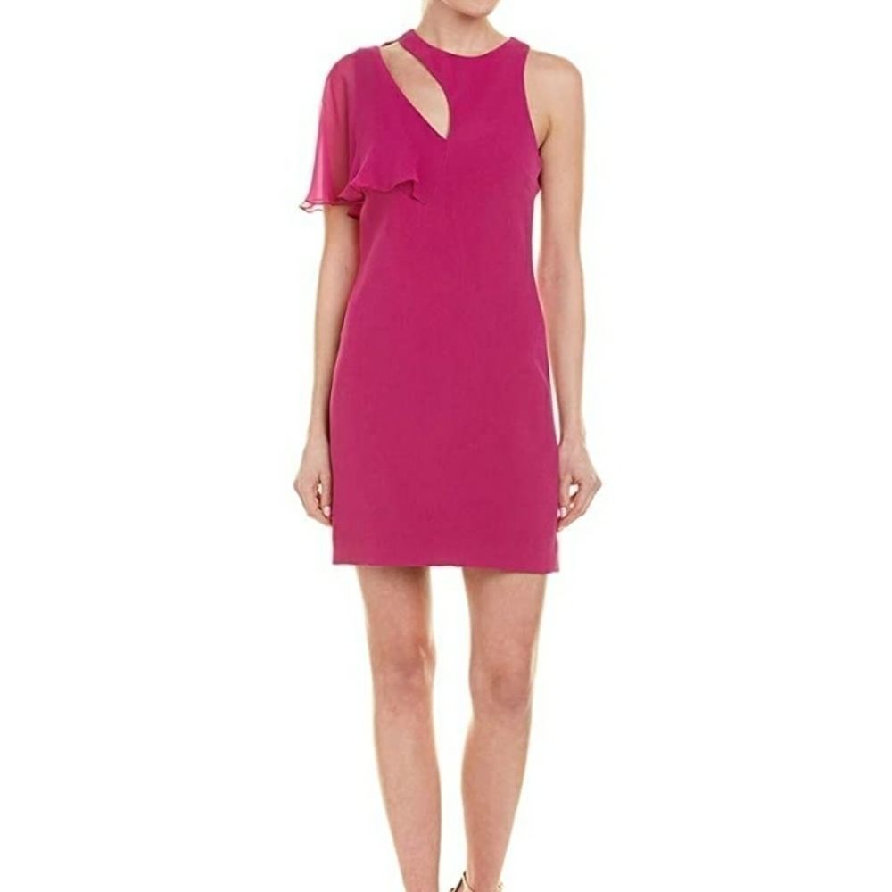 CUSHNIE PINK CHIFFON ONE SLEEVE SHORT DRESS